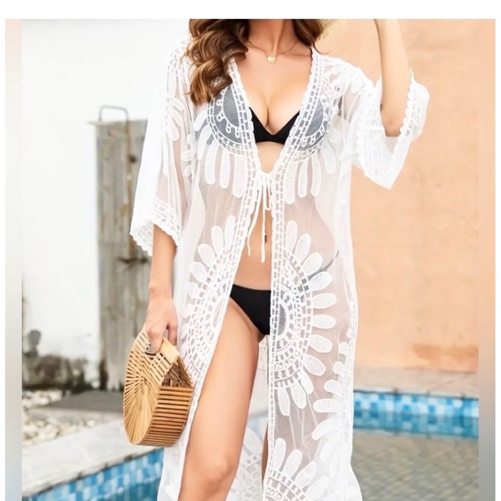 Ana & Rose White Mesh Lace‎ Kimono Swim Cover-Up 1X Floral Duster